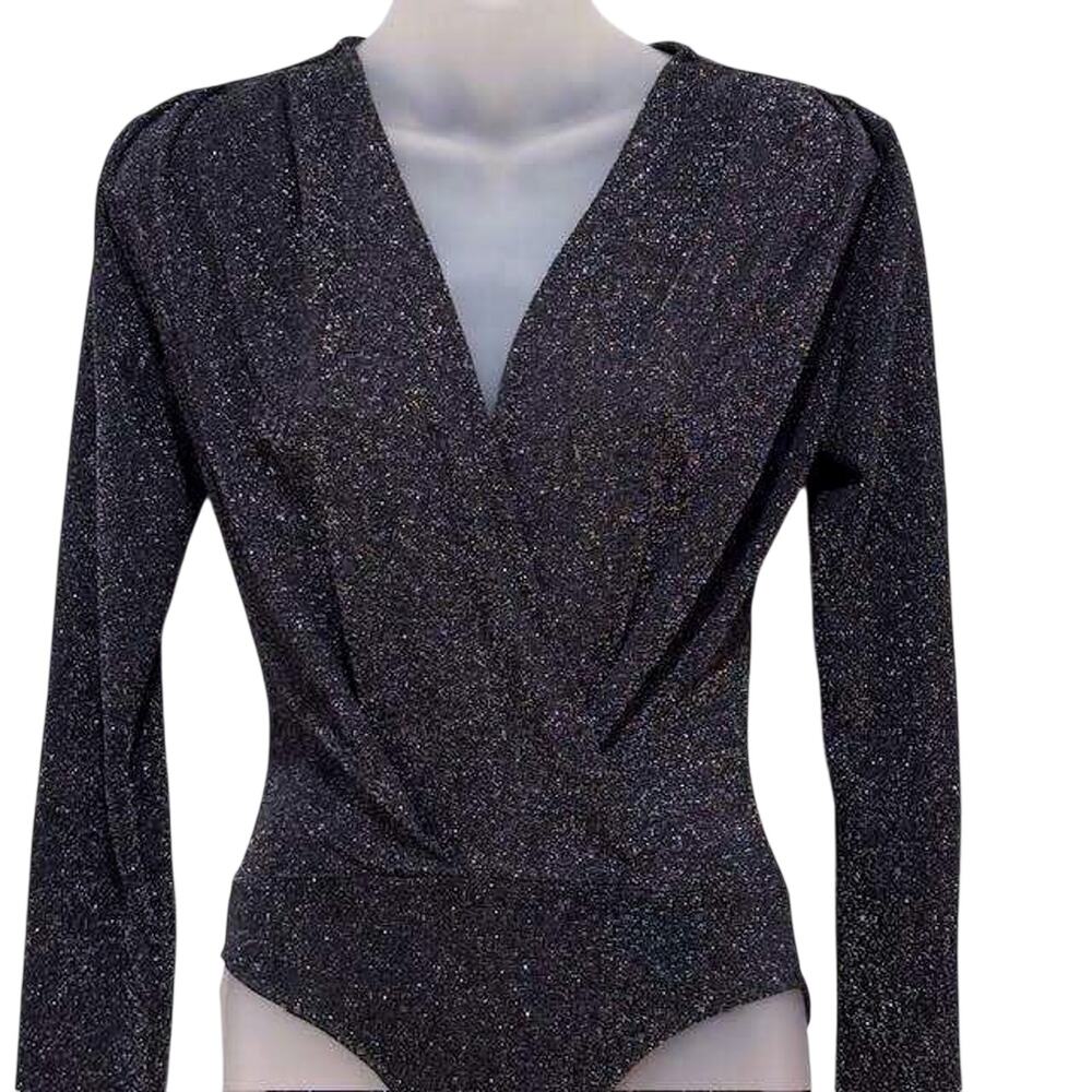 Kit & Sky Bodysuit Glitter Sparkle Black Long Sleeve V Neck Wrap Bodysuit XS